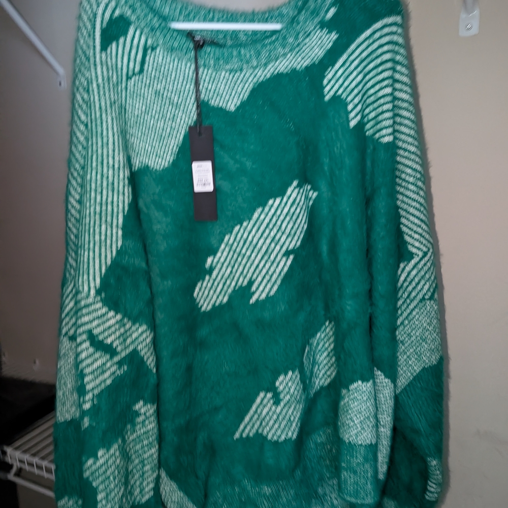 Oversized Fuzzy Textured Crewneck Sweater - Green/combo